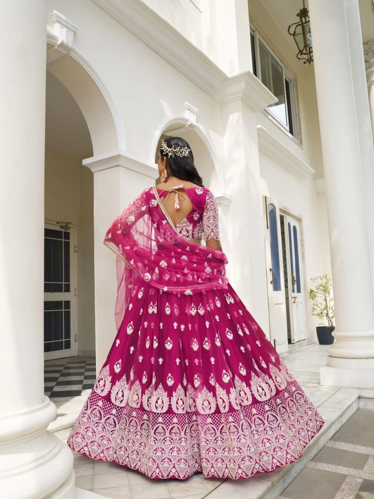 Odette Dark Pink Net Embroidered Semi Stitched Lehenga For Women - Image 3