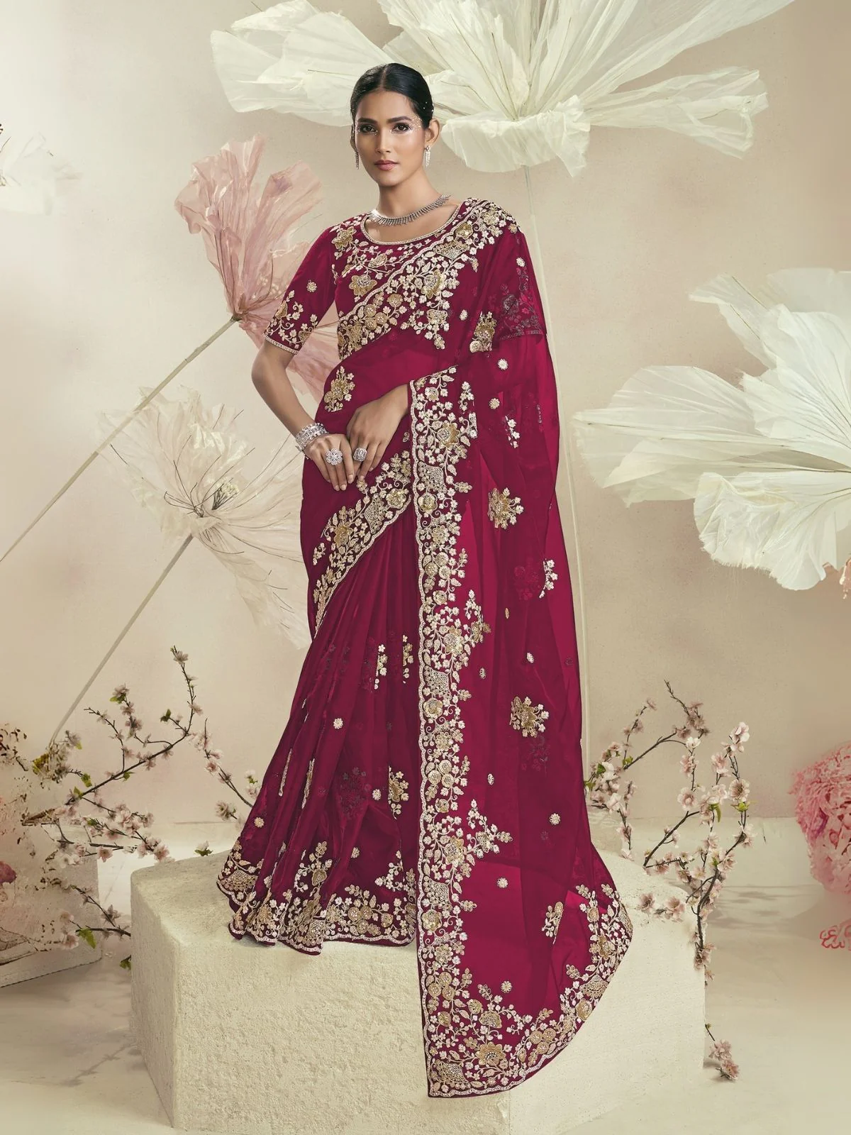 Odette Dark Pink Organza Embellished Elegant Saree For Women