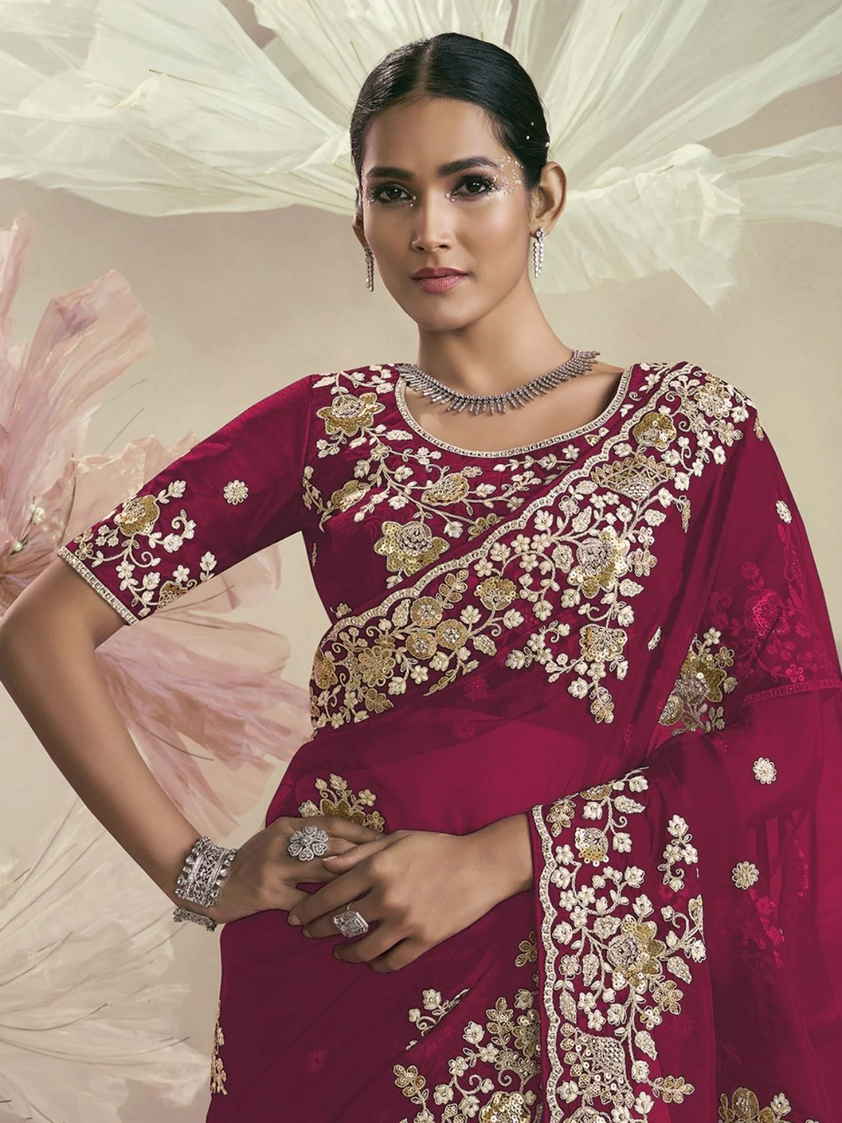 Odette Dark Pink Organza Embellished Elegant Saree For Women - Image 3