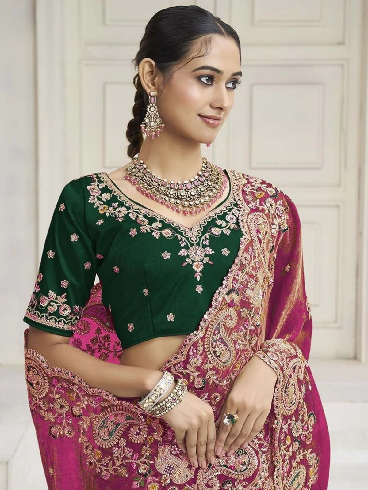 Odette Dark Pink Satin Embroidered Saree For Women - Image 2