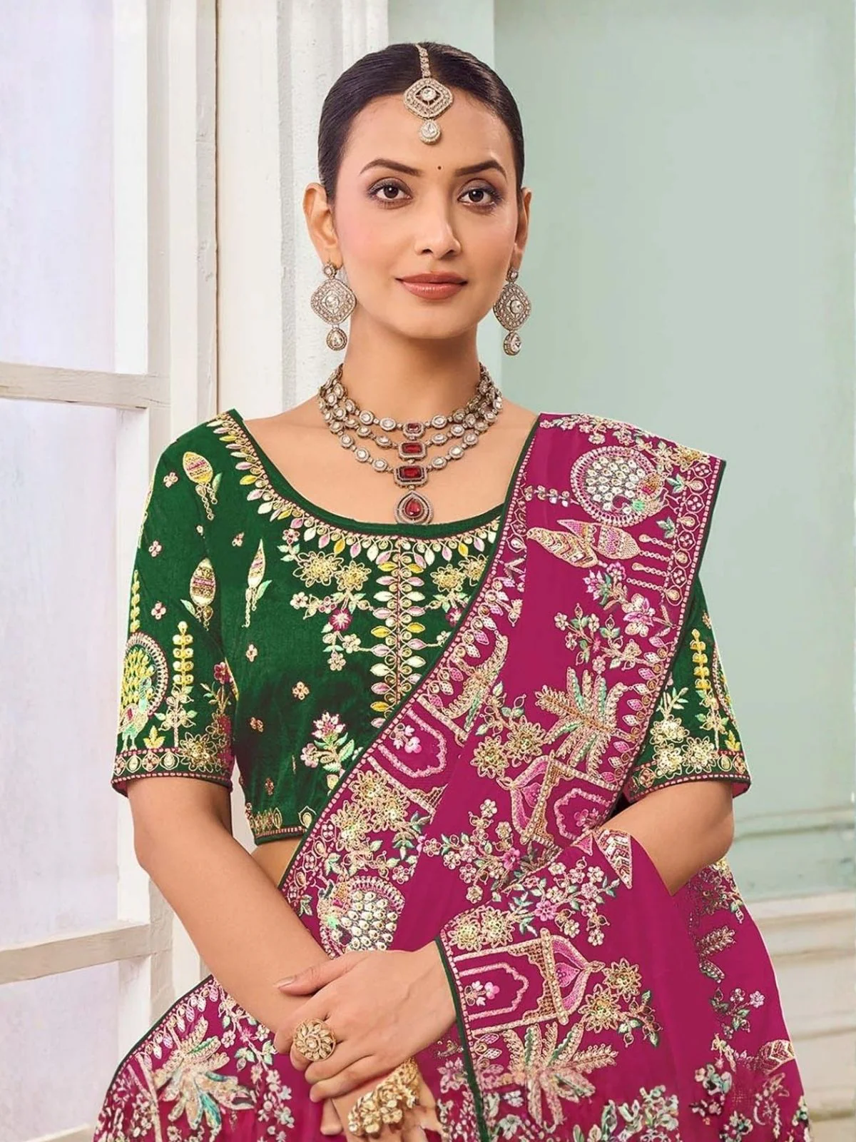 Odette Dark Pink Satin Embroidered Saree For Women - Image 2