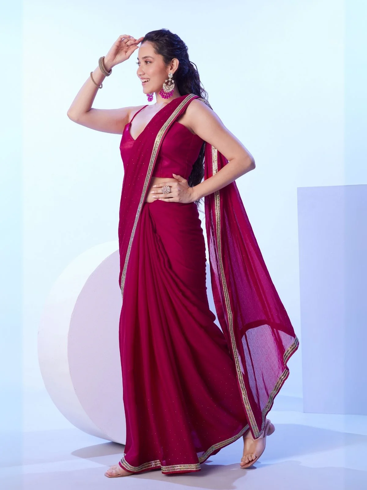 Odette Dark Pink Satin Lace Work Saree With Unstitched Blouse For Women - Image 2