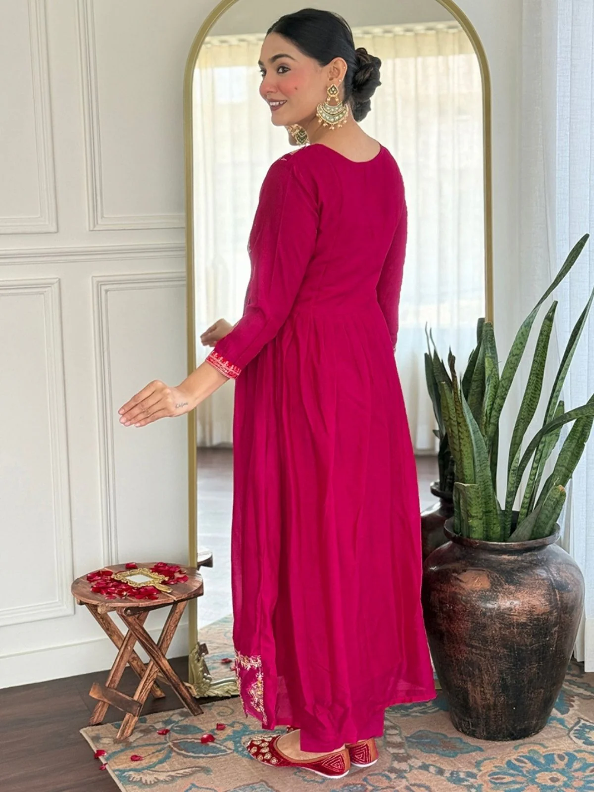 Odette Dark Pink Silk Blend Embroidered Stitched Kurta Set For Women - Image 2
