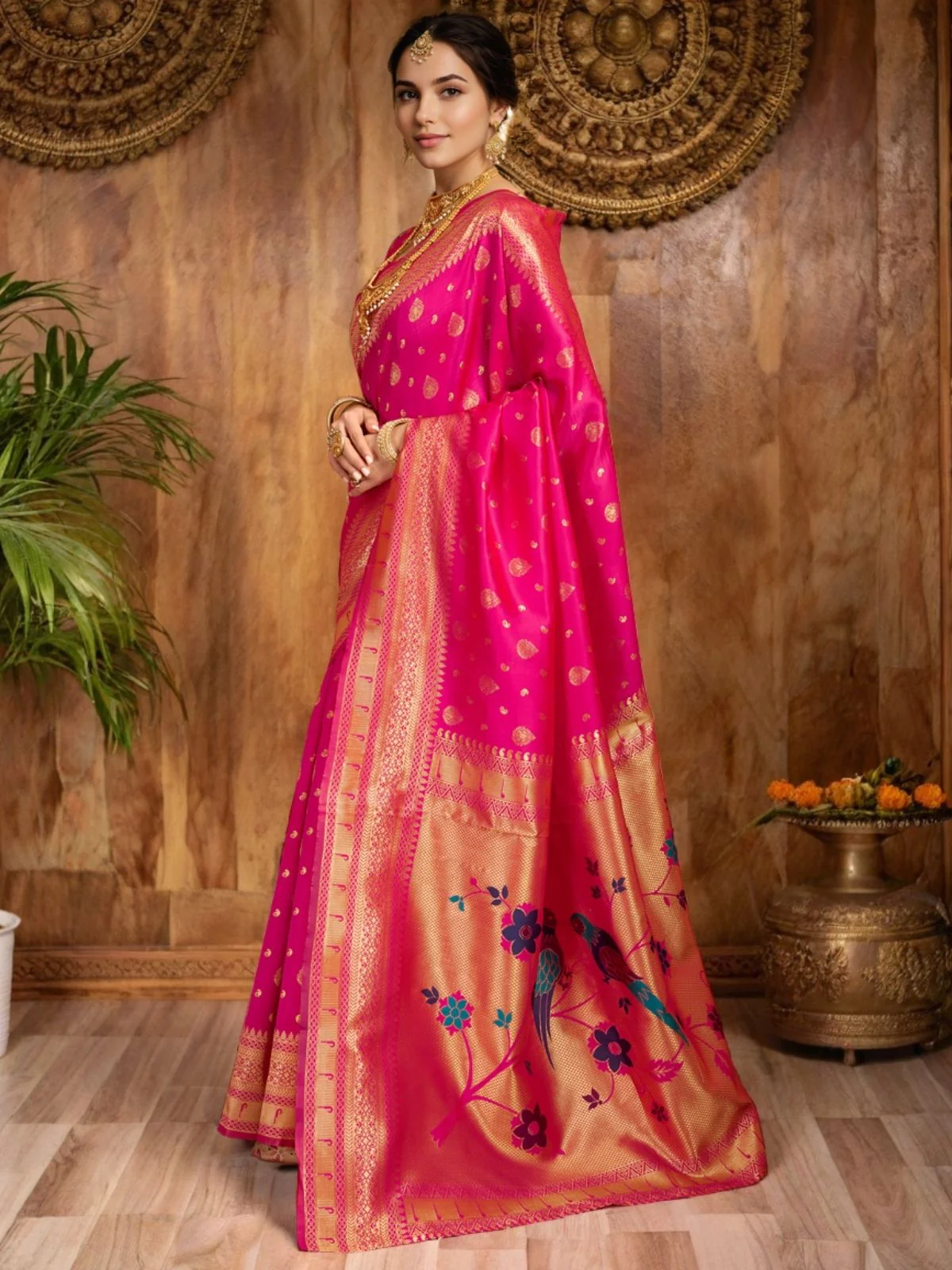 Odette Dark Pink Silk Blend Woven Pithani Saree For Women - Image 2