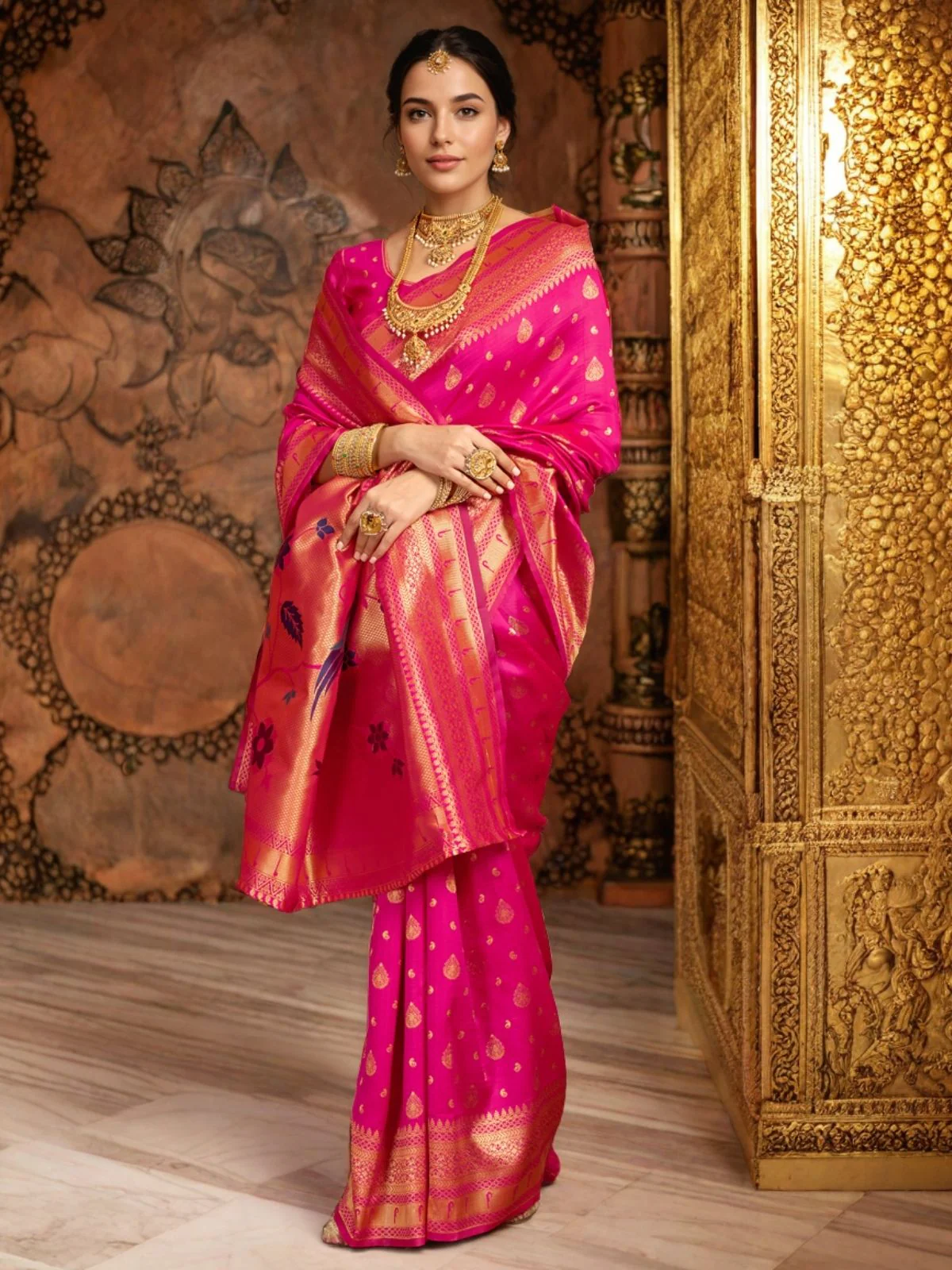 Odette Dark Pink Silk Blend Woven Pithani Saree For Women - Image 3