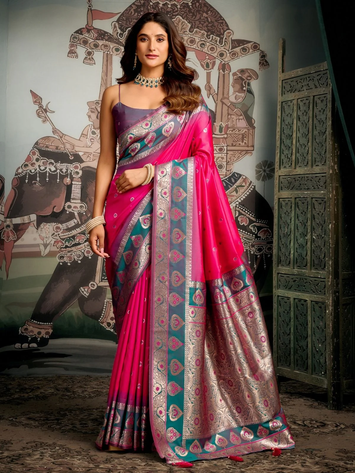 Odette Dark Pink Silk Blend Woven Saree For Women