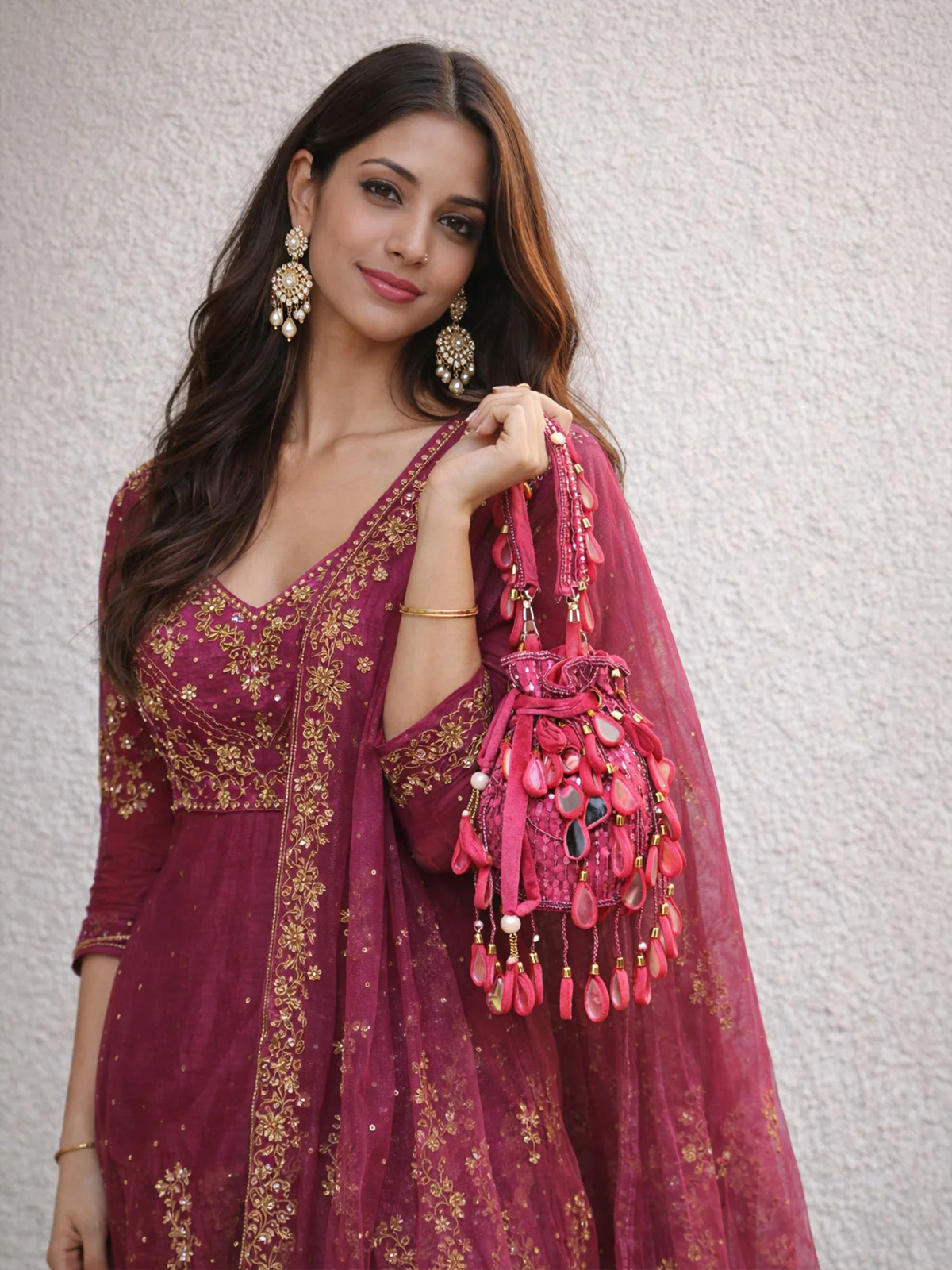 Odette Dark Pink Suede Cutdana And Mirror Embellished Potli For Women
