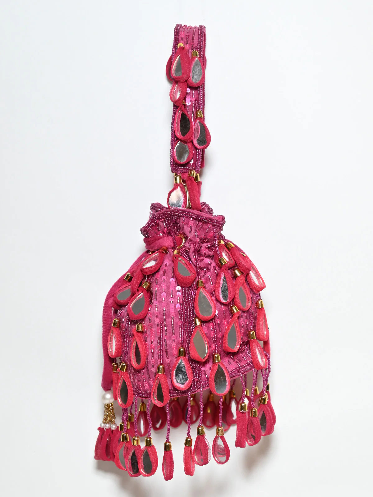 Odette Dark Pink Suede Cutdana And Mirror Embellished Potli For Women - Image 3