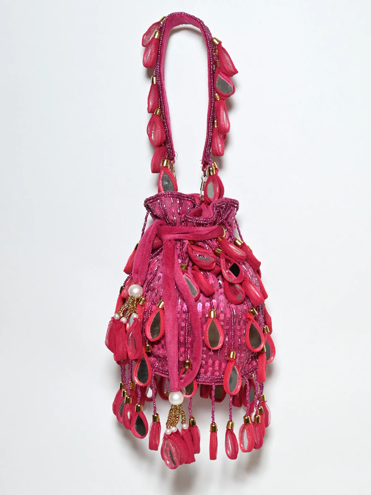 Odette Dark Pink Suede Cutdana And Mirror Embellished Potli For Women - Image 4