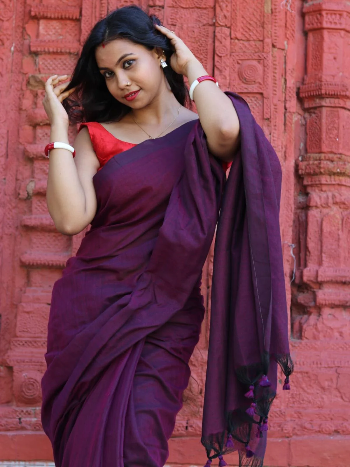 Odette Dark Purple Cotton  Saree  With Unstitched Blouse for Women - Image 3