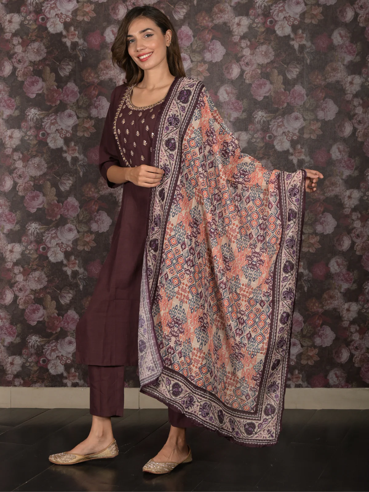 Odette Dark Purple Embroidered Cotton Blend Stitched Kurta Set for Women - Image 2