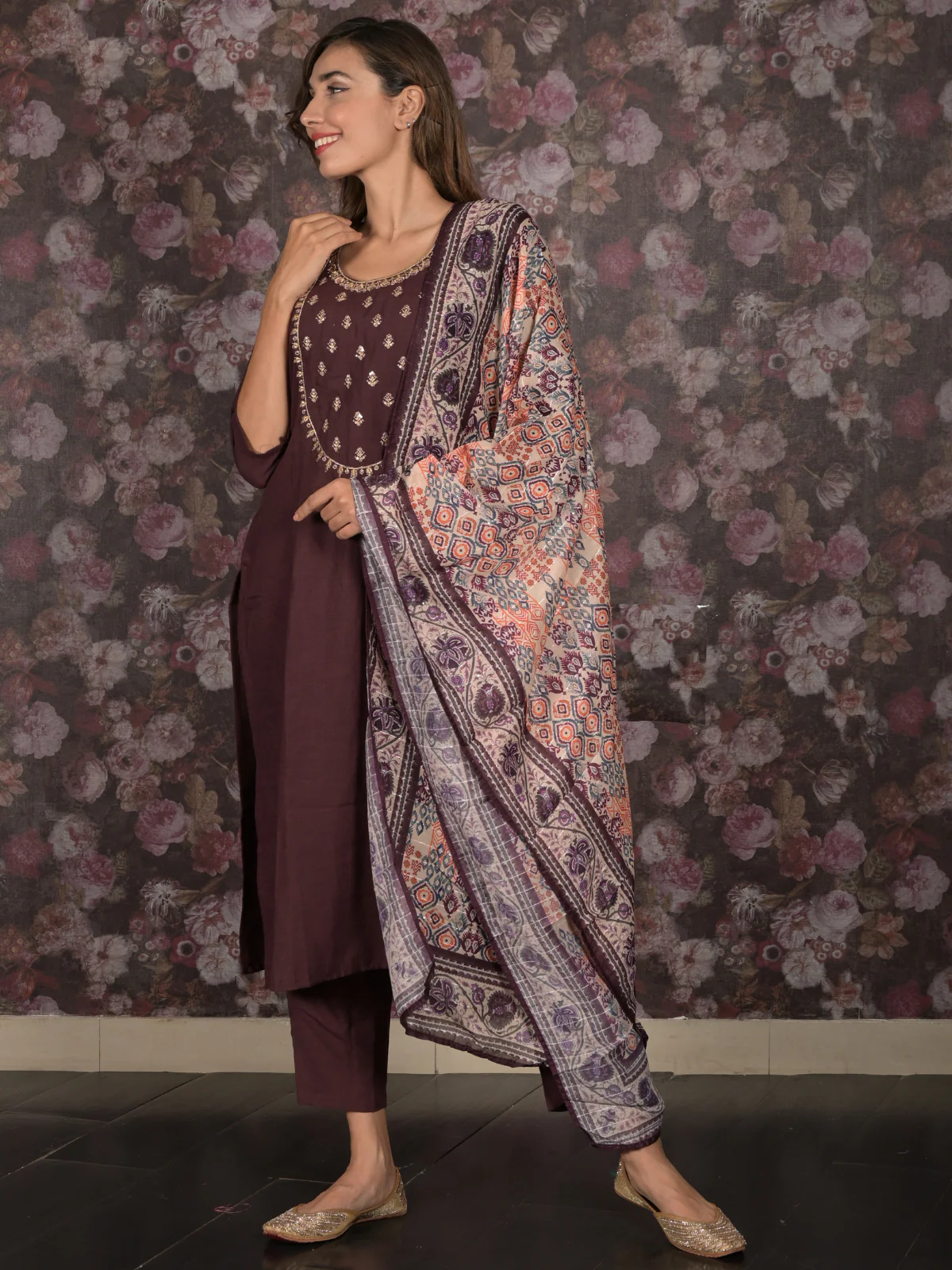 Odette Dark Purple Embroidered Cotton Blend Stitched Kurta Set for Women - Image 3
