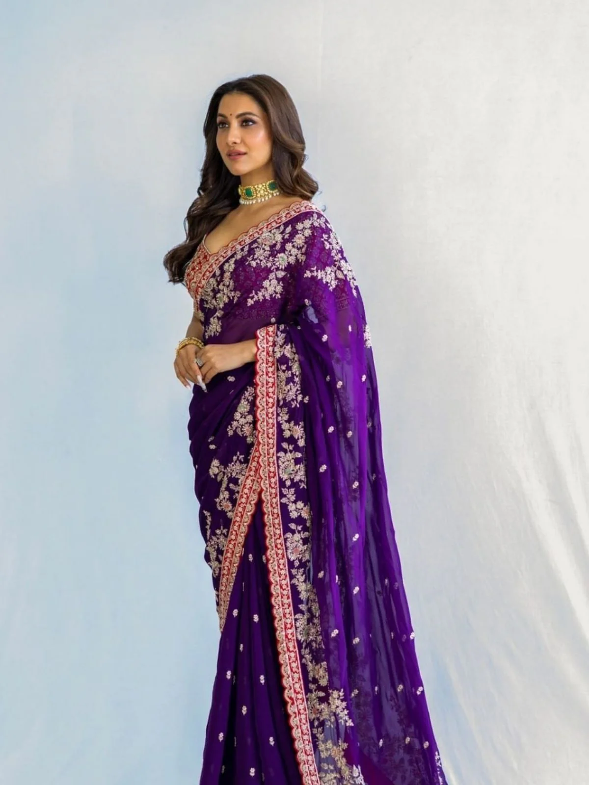 Odette Dark Purple Georgette Embellished Saree For Women - Image 2