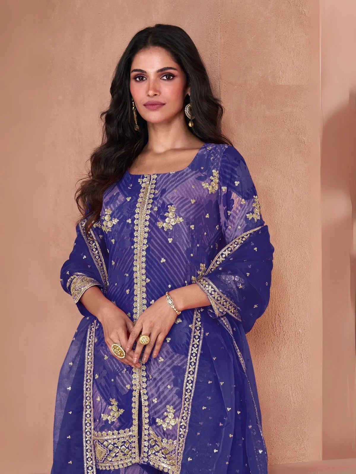 Odette Dark Purple Georgette Embellished Stitched Kurta Set For Women - Image 2