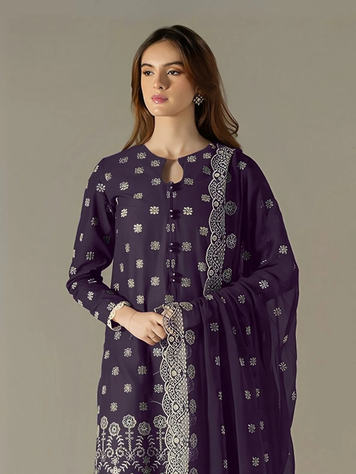 Odette Dark Purple Georgette Embroidered Semi Stitched Kurta Set For Women - Image 2