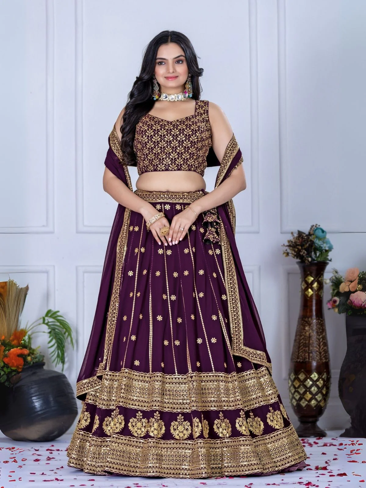 Odette Dark Purple Georgette Embroidered Semi-Stitched lehenga For Women