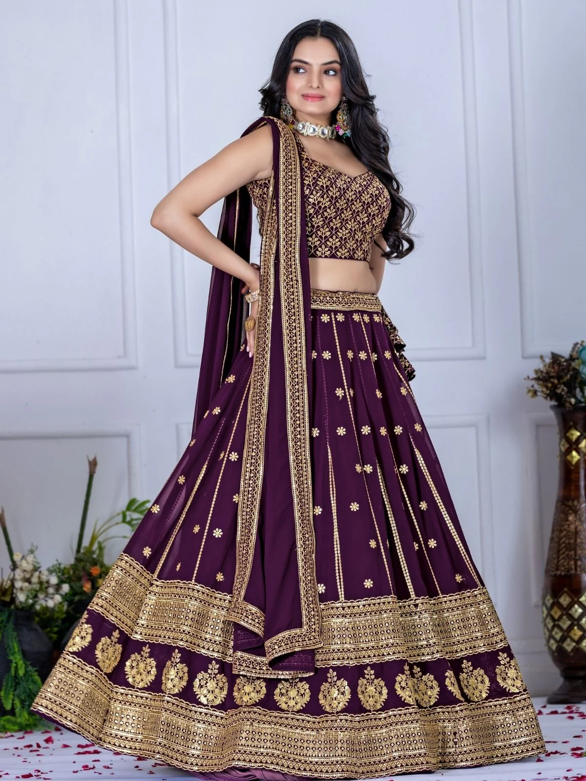 Odette Dark Purple Georgette Embroidered Semi-Stitched lehenga For Women - Image 2