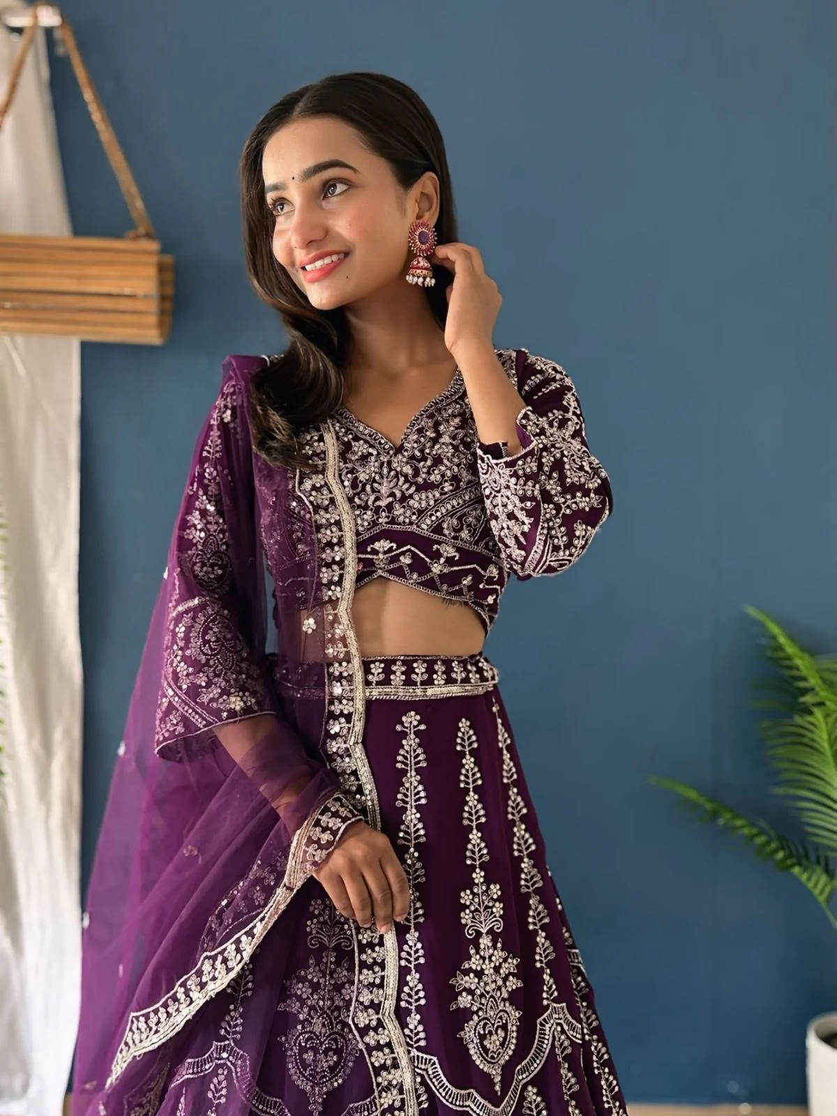 Odette Dark Purple Georgette Embroidered Semi-Stitched lehenga For Women - Image 4