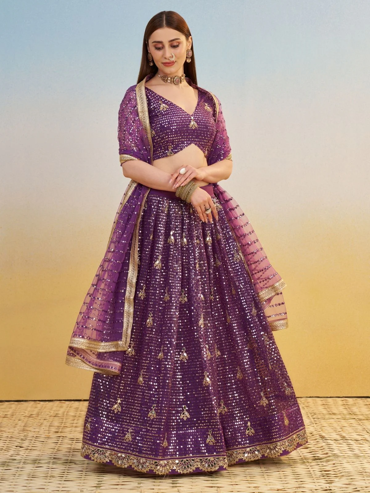 Odette Dark Purple Net Embroidered Semi Stitched Lehenga For Women - Image 2