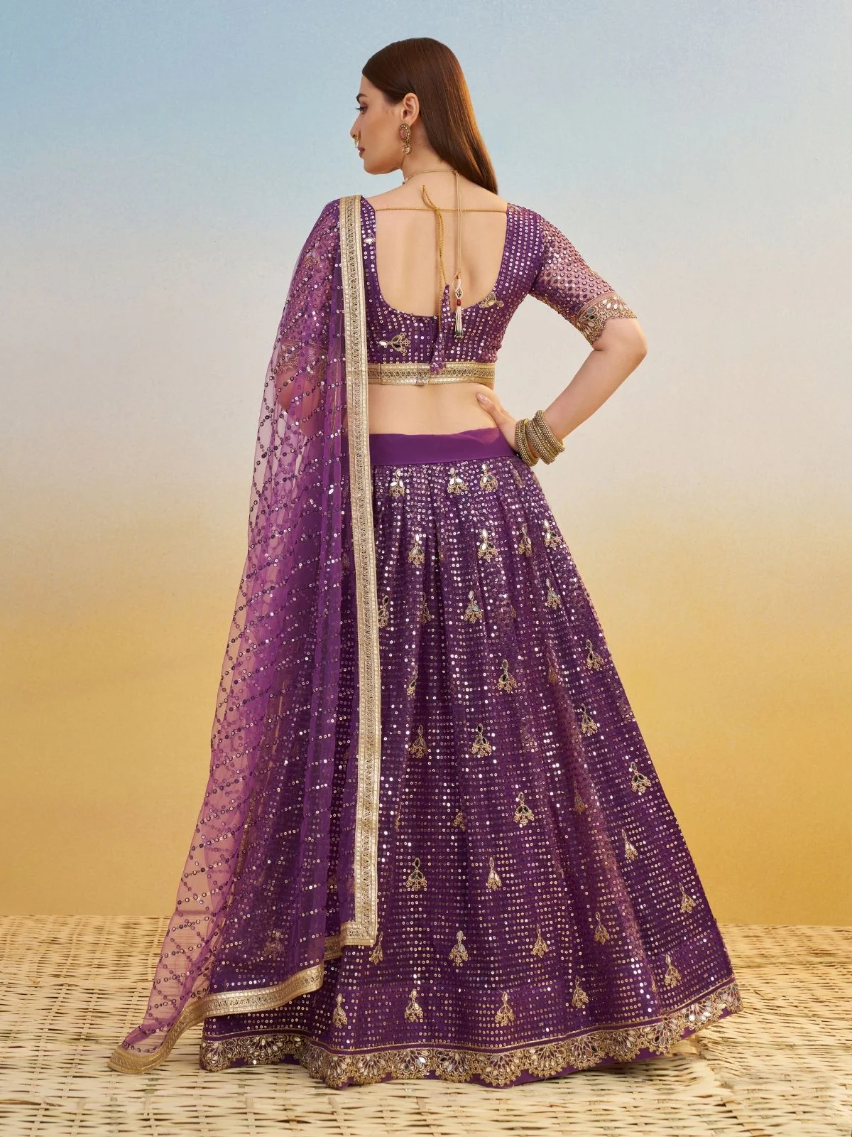 Odette Dark Purple Net Embroidered Semi Stitched Lehenga For Women - Image 3