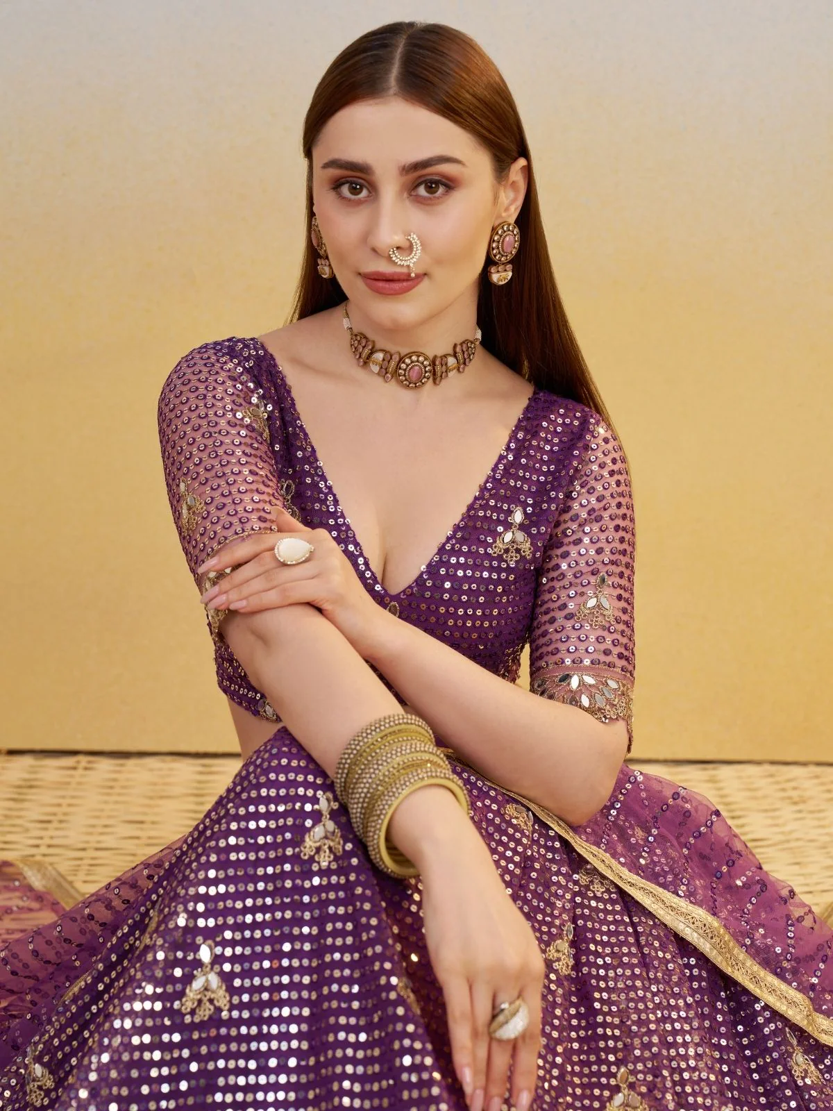 Odette Dark Purple Net Embroidered Semi Stitched Lehenga For Women - Image 4