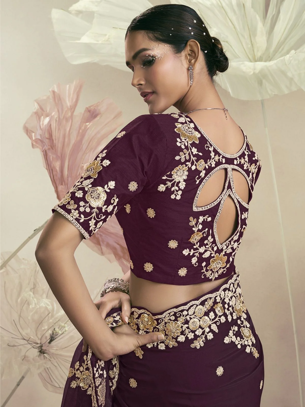 Odette Dark Purple Organza Embellished Elegant Saree For Women - Image 2