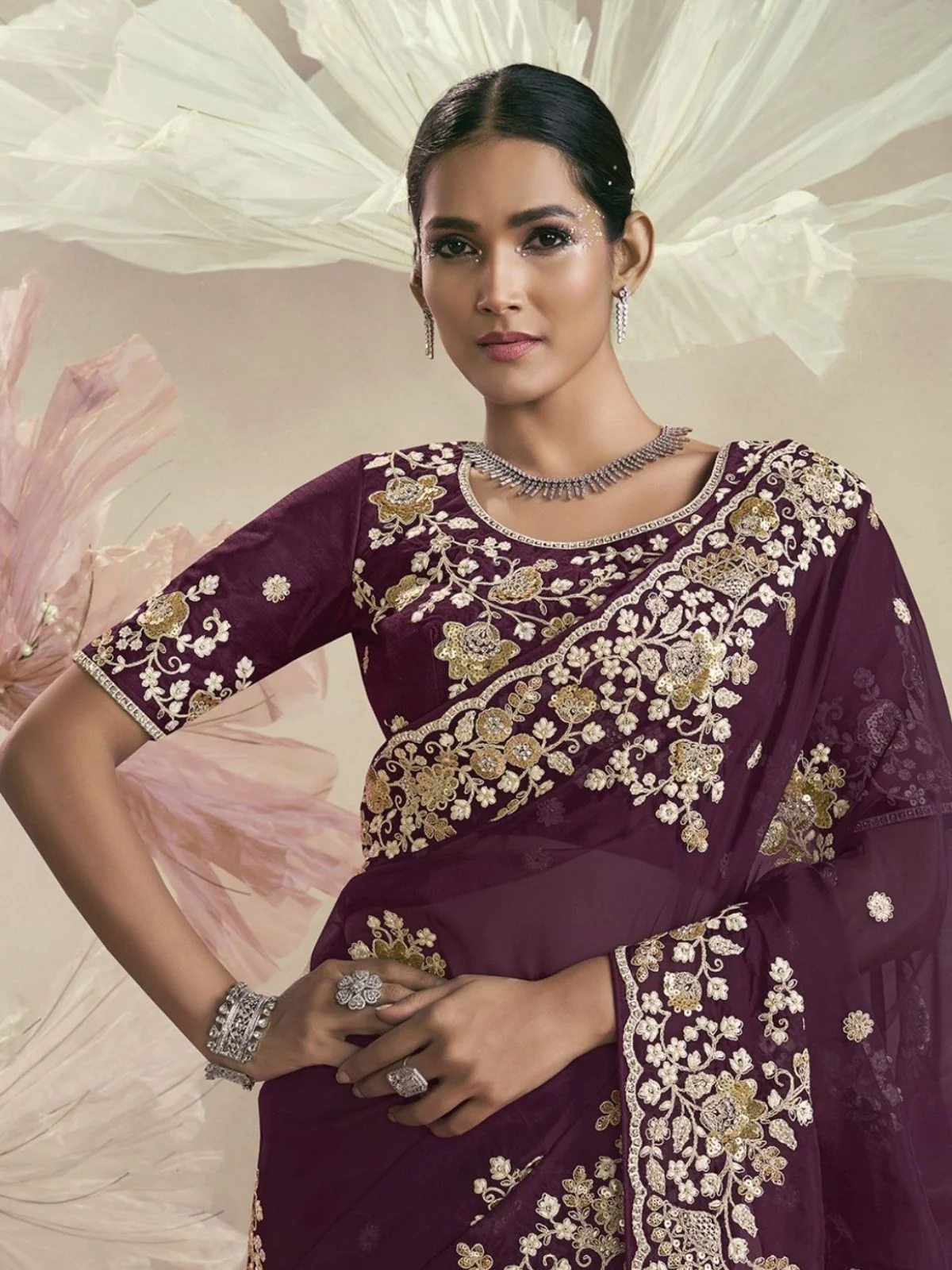 Odette Dark Purple Organza Embellished Elegant Saree For Women - Image 3