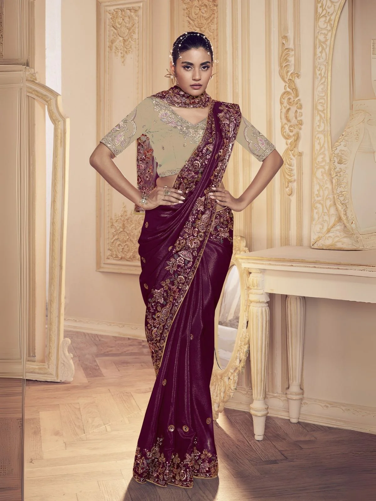 Odette Dark Purple Satin Embroidered Elegant Saree For Women