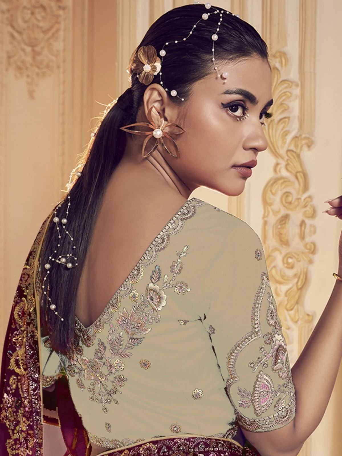 Odette Dark Purple Satin Embroidered Elegant Saree For Women - Image 3