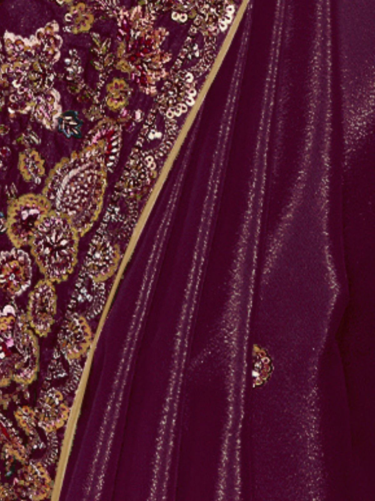 Odette Dark Purple Satin Embroidered Elegant Saree For Women - Image 4