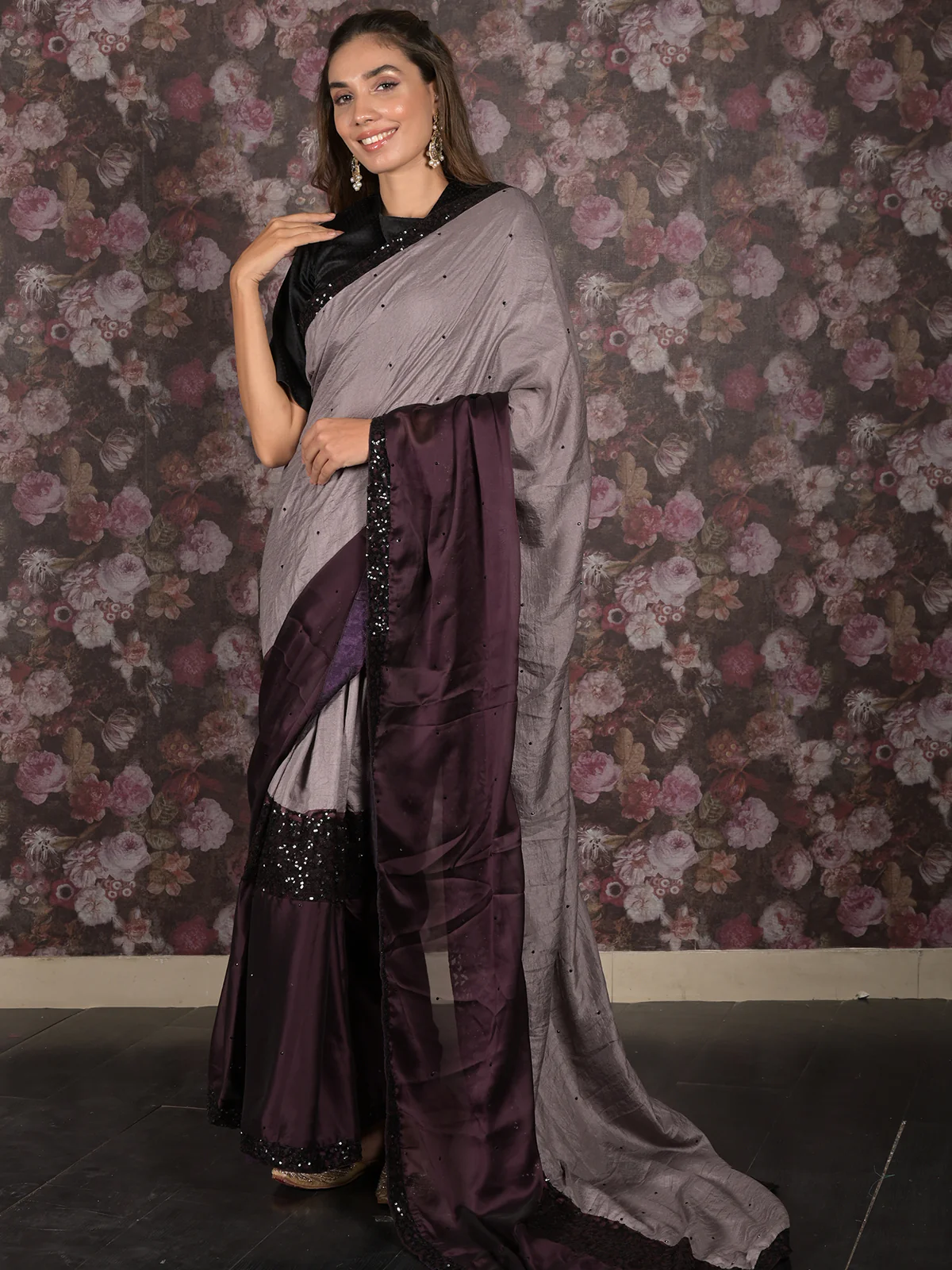 Odette Dark Purple Sequins Embroidered Crepe Saree with Unstitched Blouse for Women - Image 2