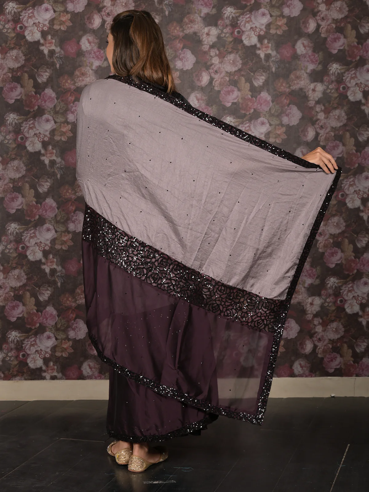 Odette Dark Purple Sequins Embroidered Crepe Saree with Unstitched Blouse for Women - Image 4