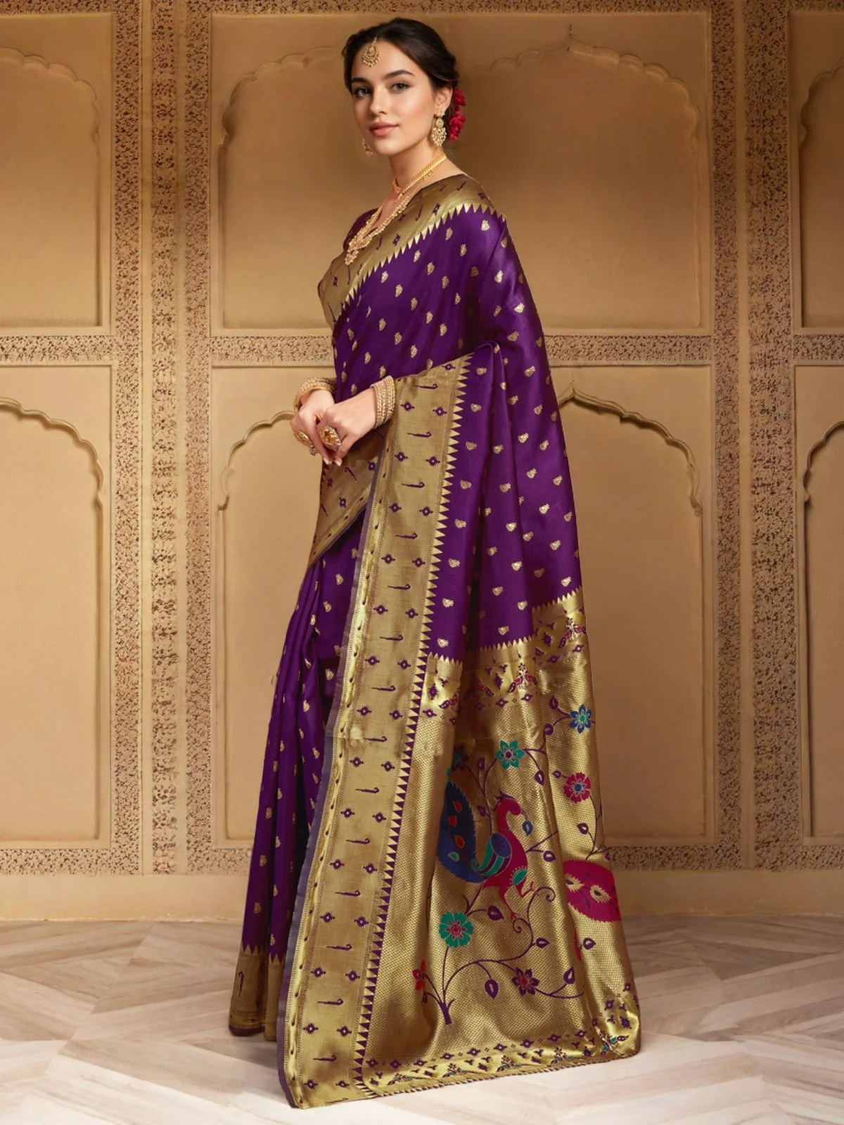 Odette Dark Purple Silk Blend Woven Pithani Saree For Women - Image 2