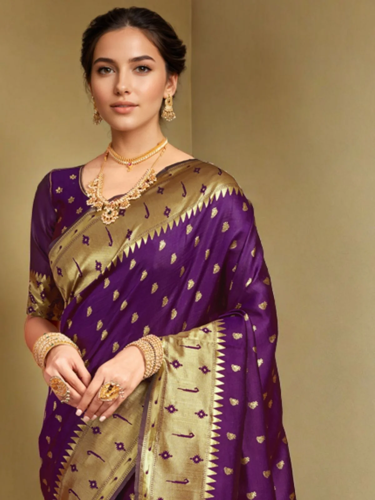 Odette Dark Purple Silk Blend Woven Pithani Saree For Women - Image 4