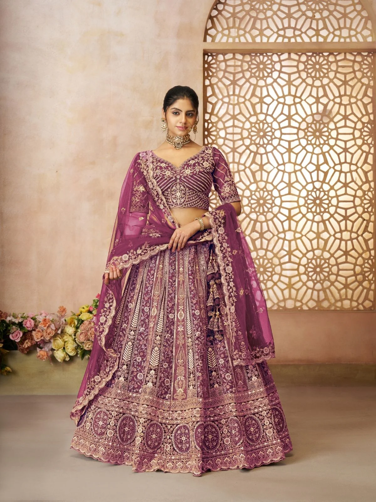 Odette Dark Purple Soft Net Embroidered Semi-Stitched Lehenga For Women