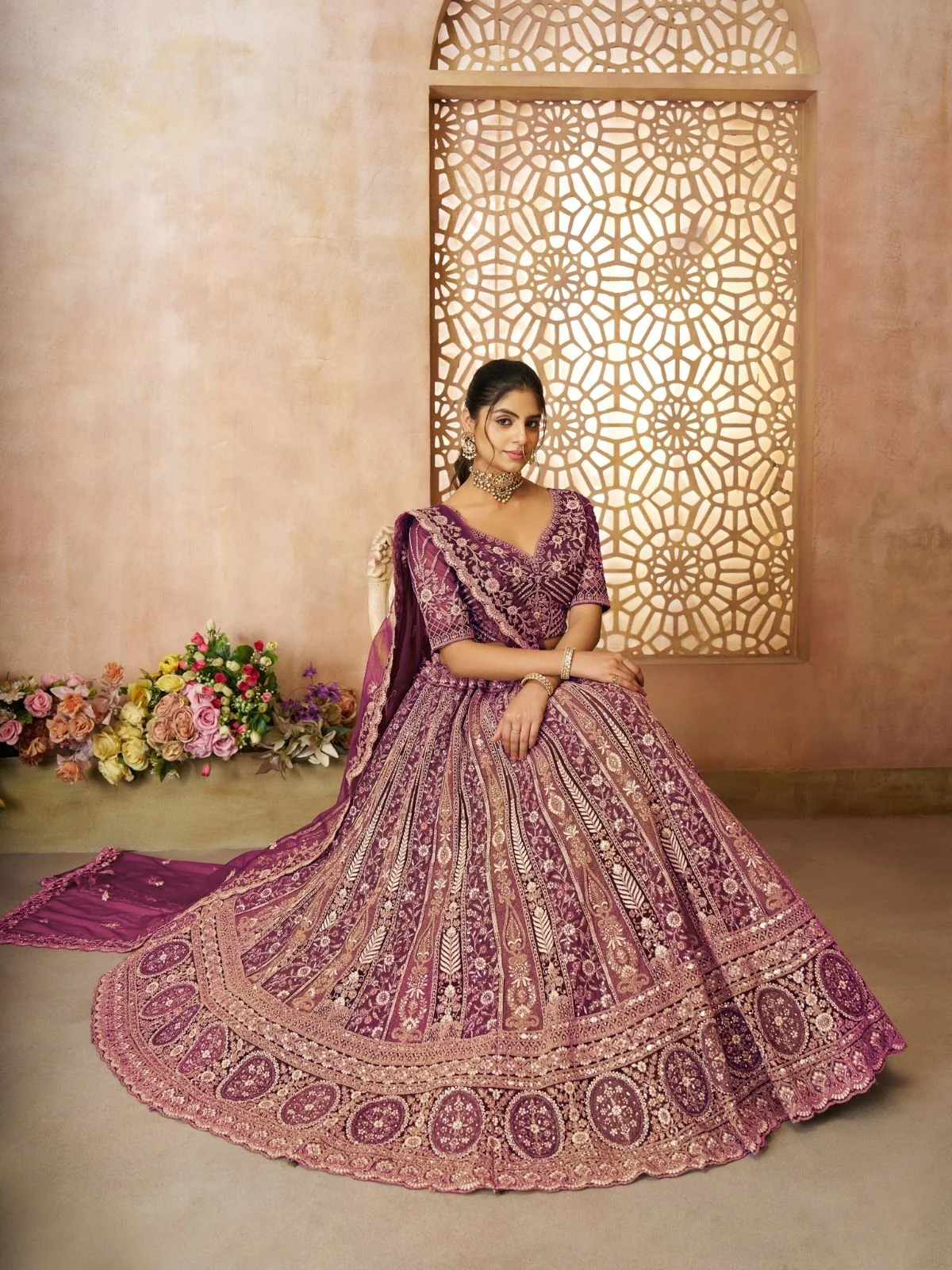 Odette Dark Purple Soft Net Embroidered Semi-Stitched Lehenga For Women - Image 2