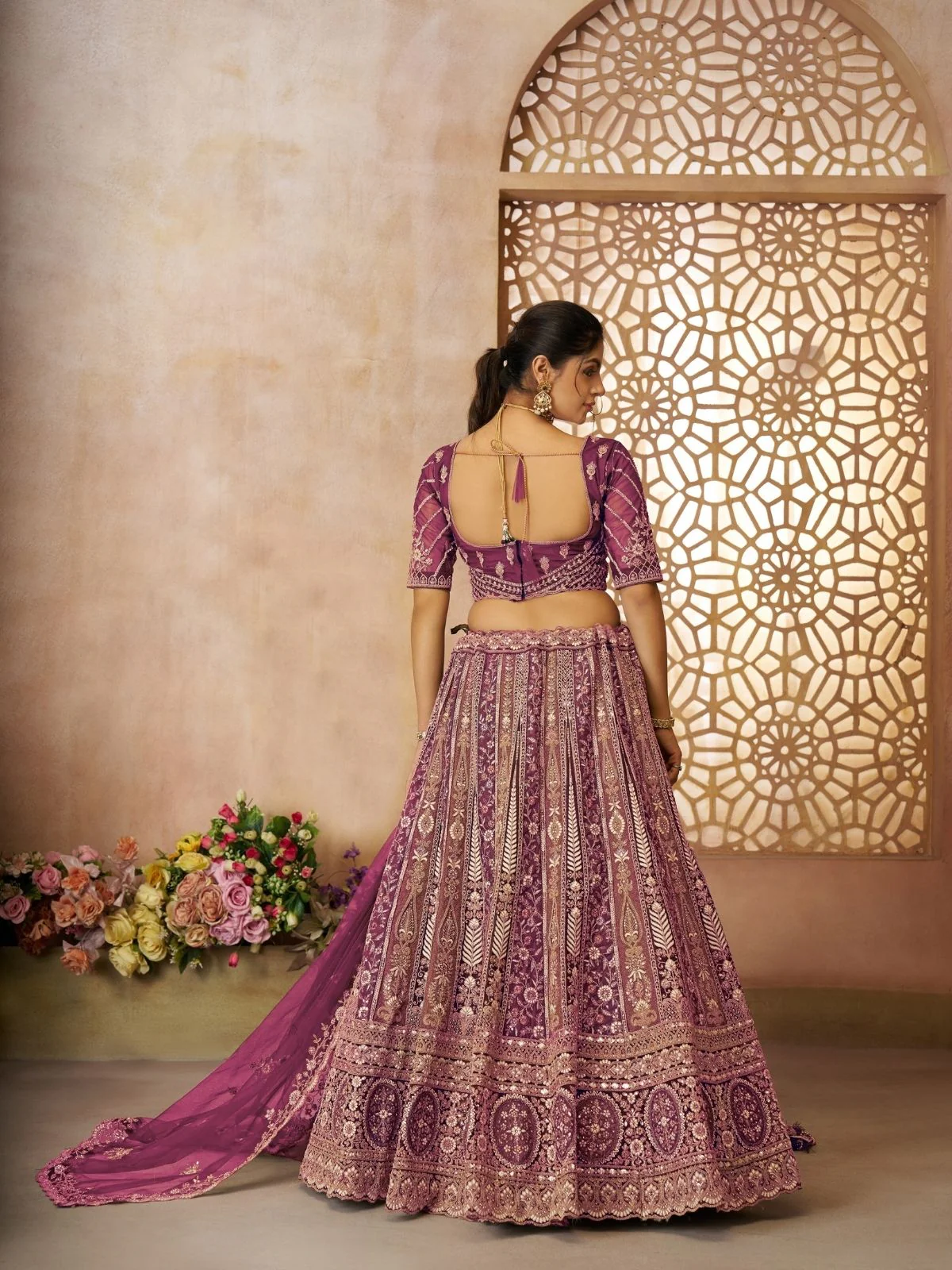 Odette Dark Purple Soft Net Embroidered Semi-Stitched Lehenga For Women - Image 4