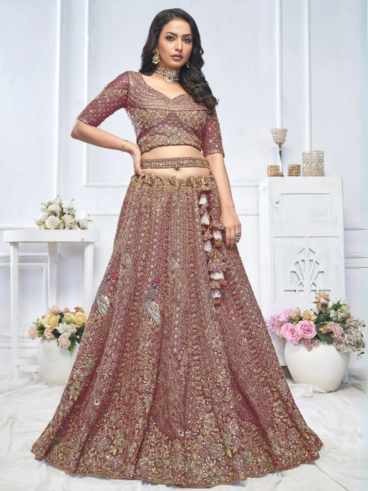 Odette Dark Purple Soft Net Embroidered Semi-Stitched Lehenga With Unstitched Blouse For Women - Image 2