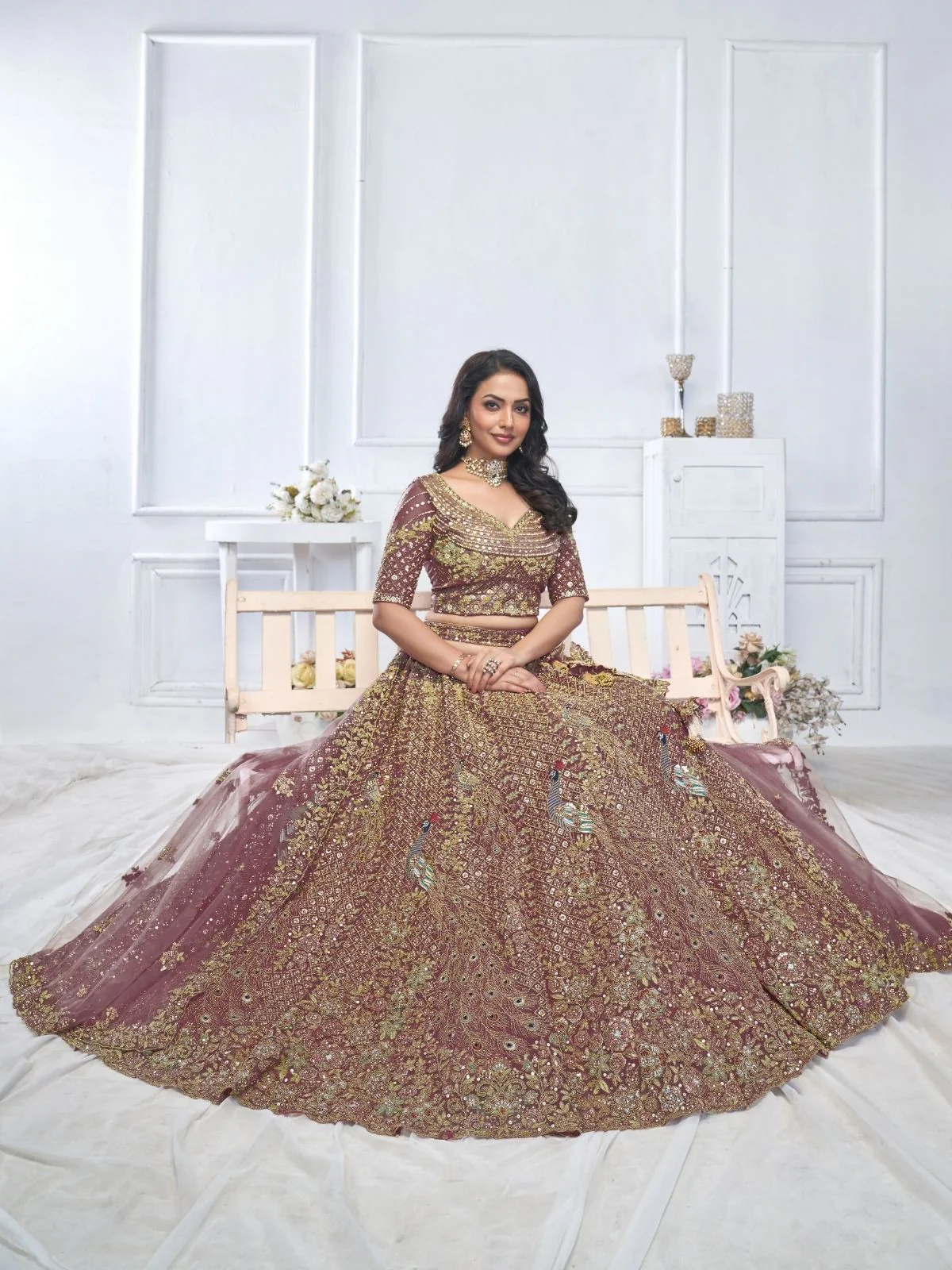 Odette Dark Purple Soft Net Embroidered Semi-Stitched Lehenga With Unstitched Blouse For Women - Image 4