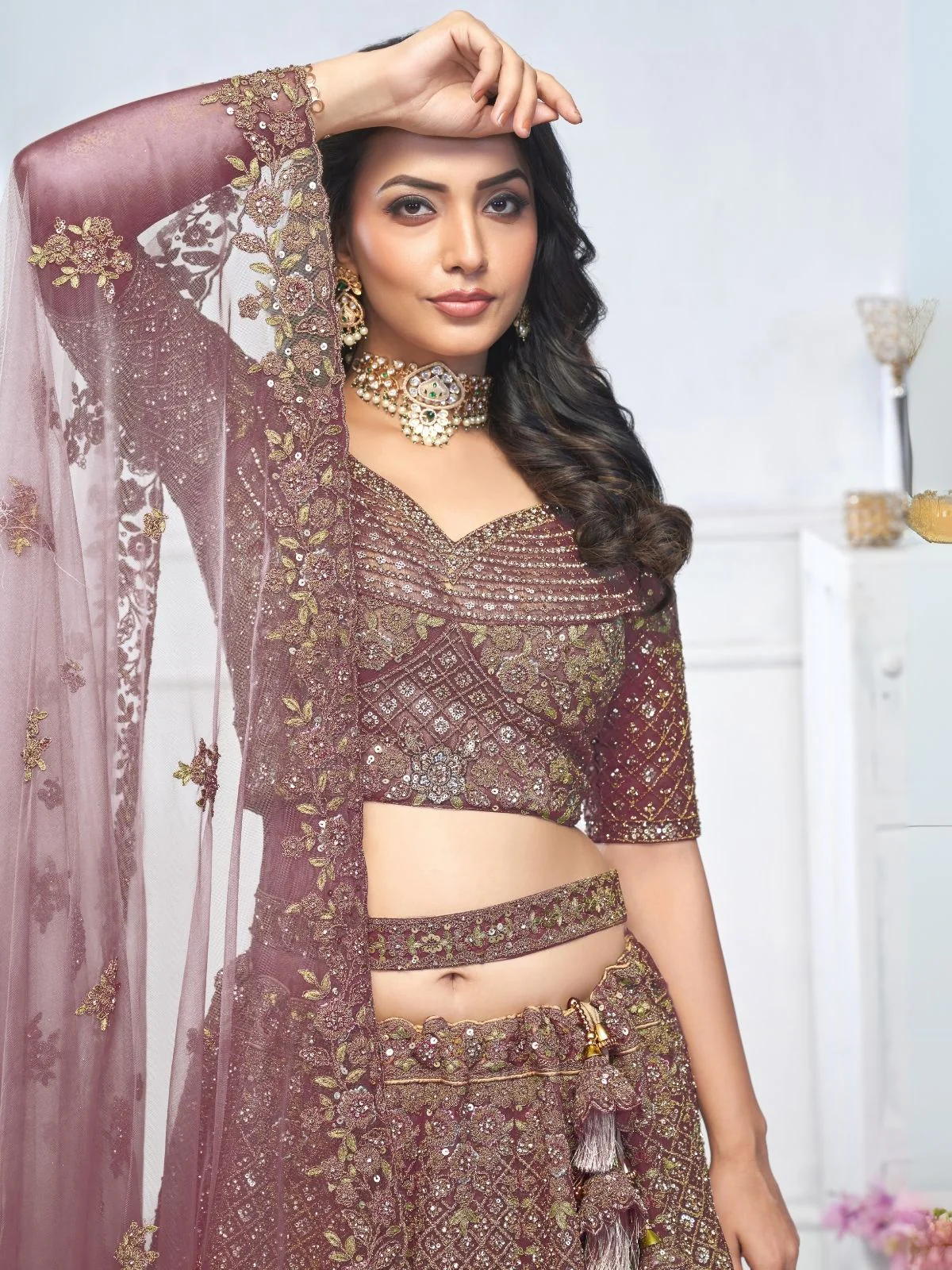Odette Dark Purple Soft Net Embroidered Semi-Stitched Lehenga With Unstitched Blouse For Women - Image 5