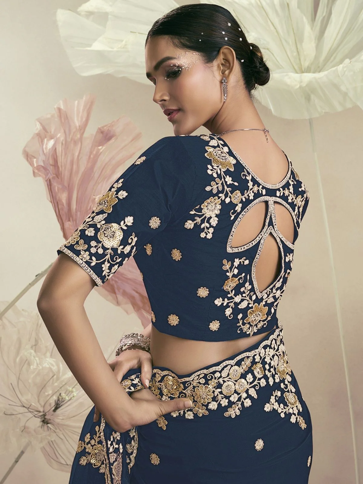 Odette Dark Teal Organza Embellished Elegant Saree For Women - Image 2