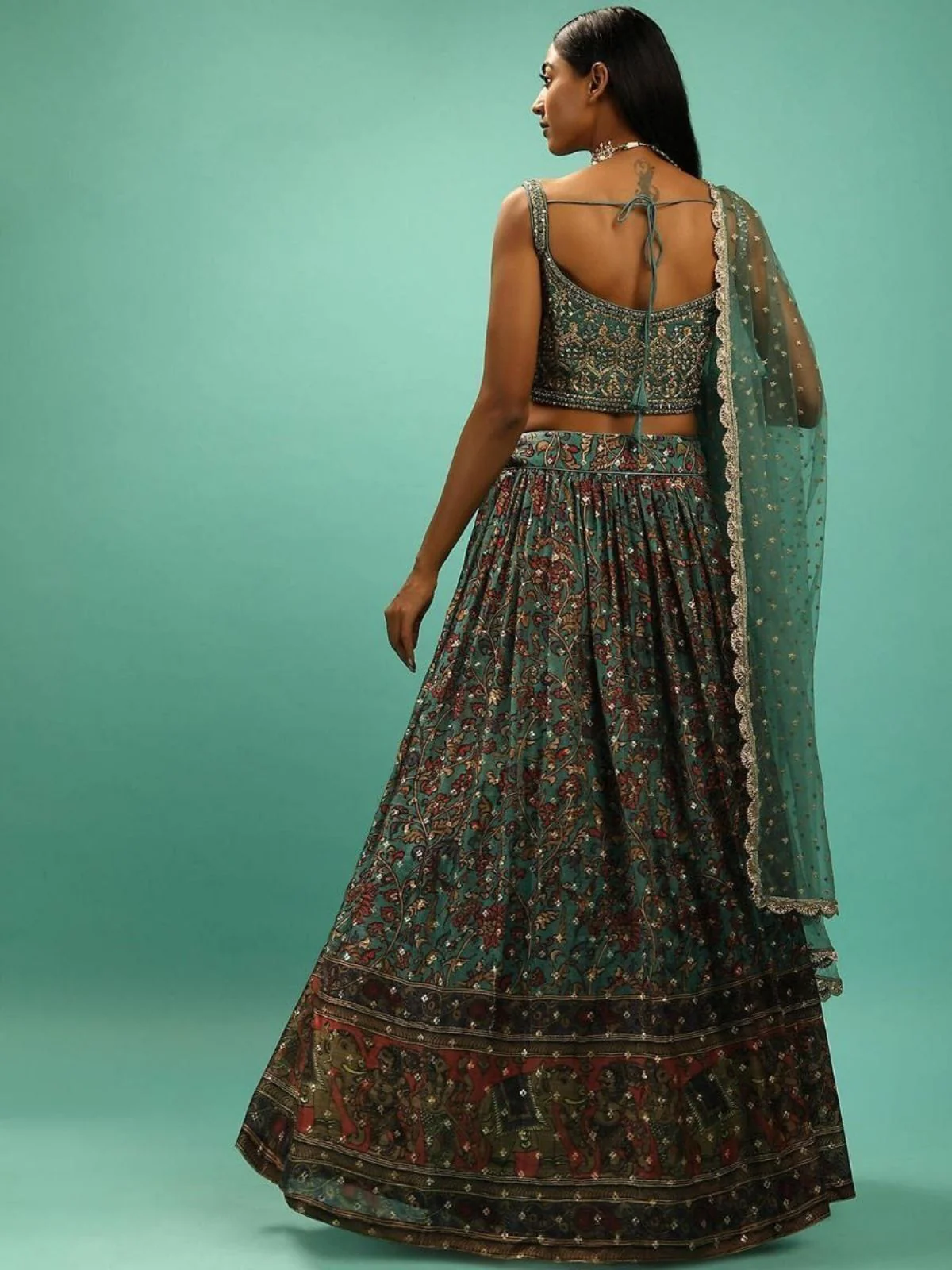 Odette Deep Green Chinon Embellished Semi Stitched Lehenga For Women - Image 3