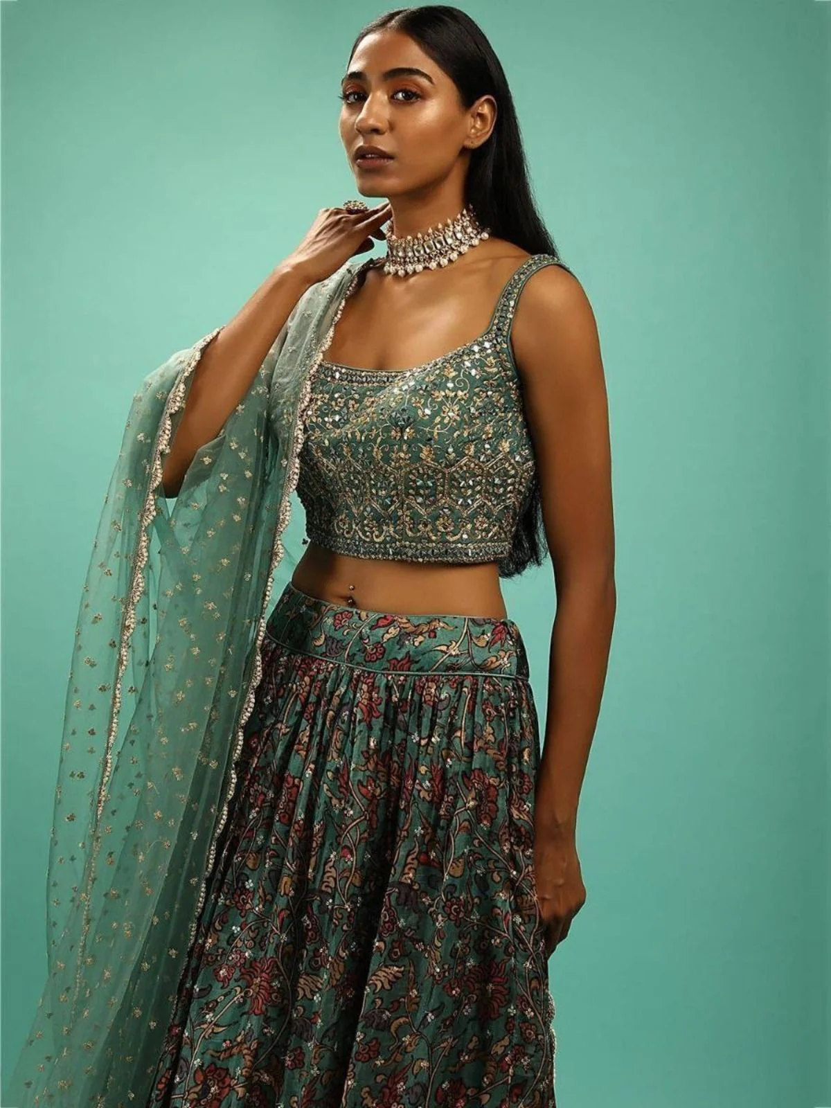 Odette Deep Green Chinon Embellished Semi Stitched Lehenga For Women - Image 4