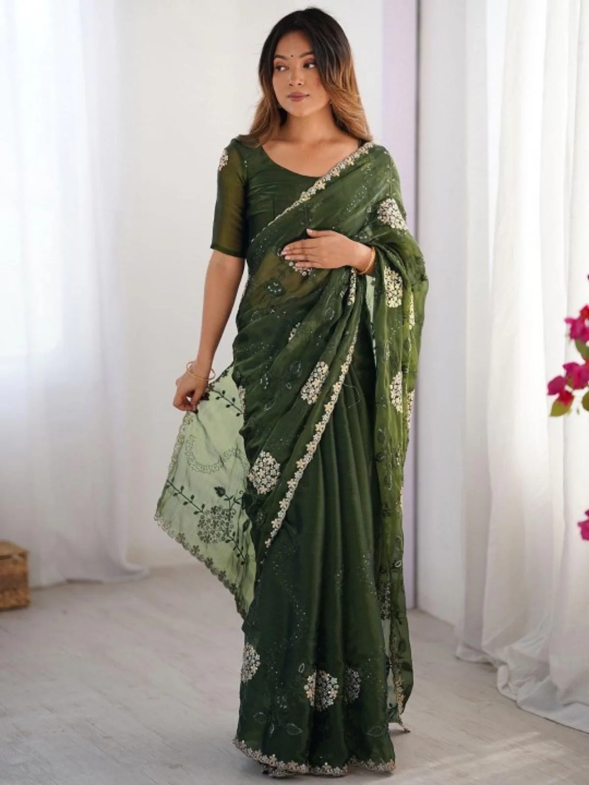 Odette Deep Green Organza Embroidered Solid Saree For Women
