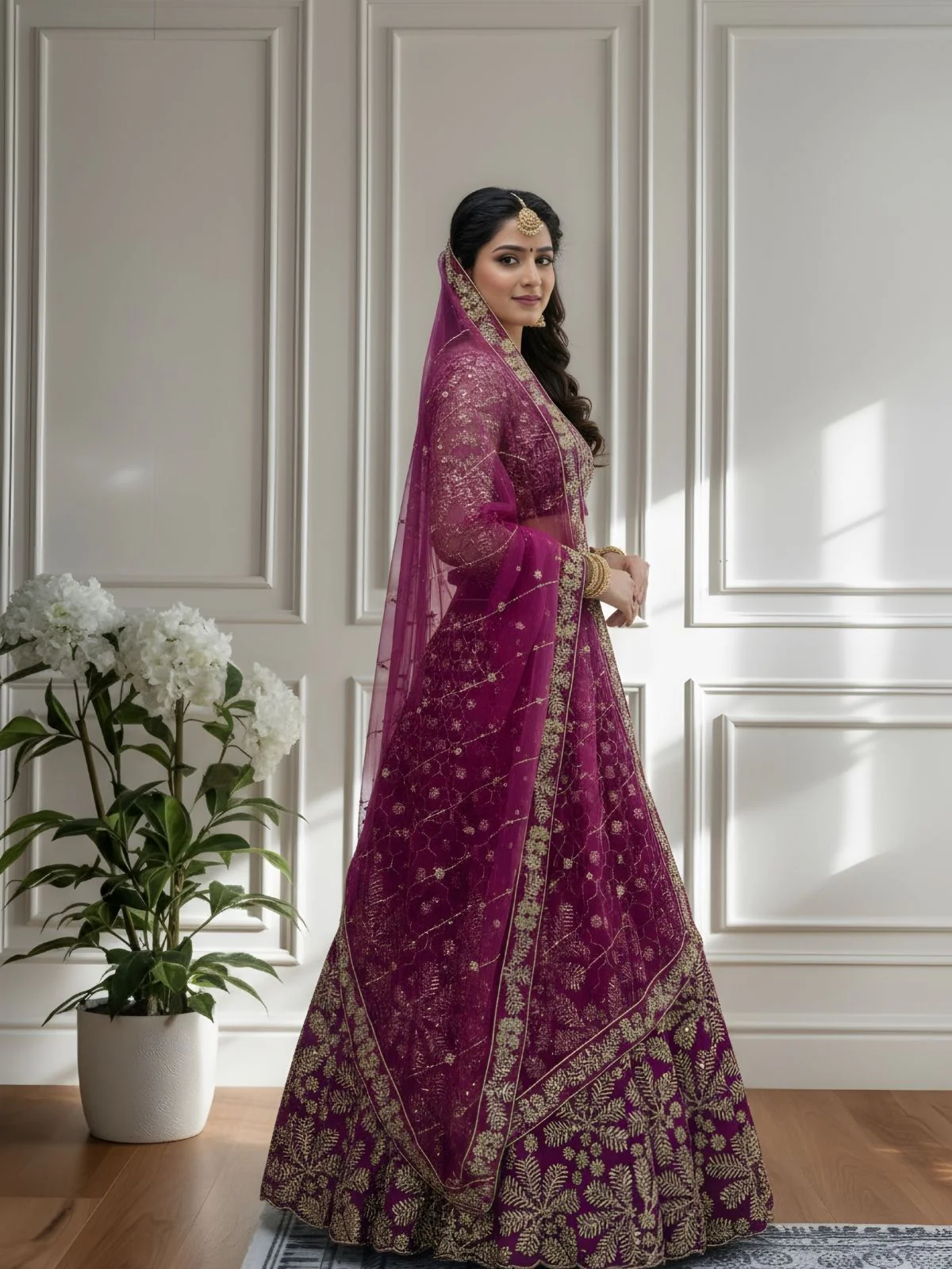 Odette Deep Magenta Net Embellished Semi Stitched Lehenga For Women - Image 2