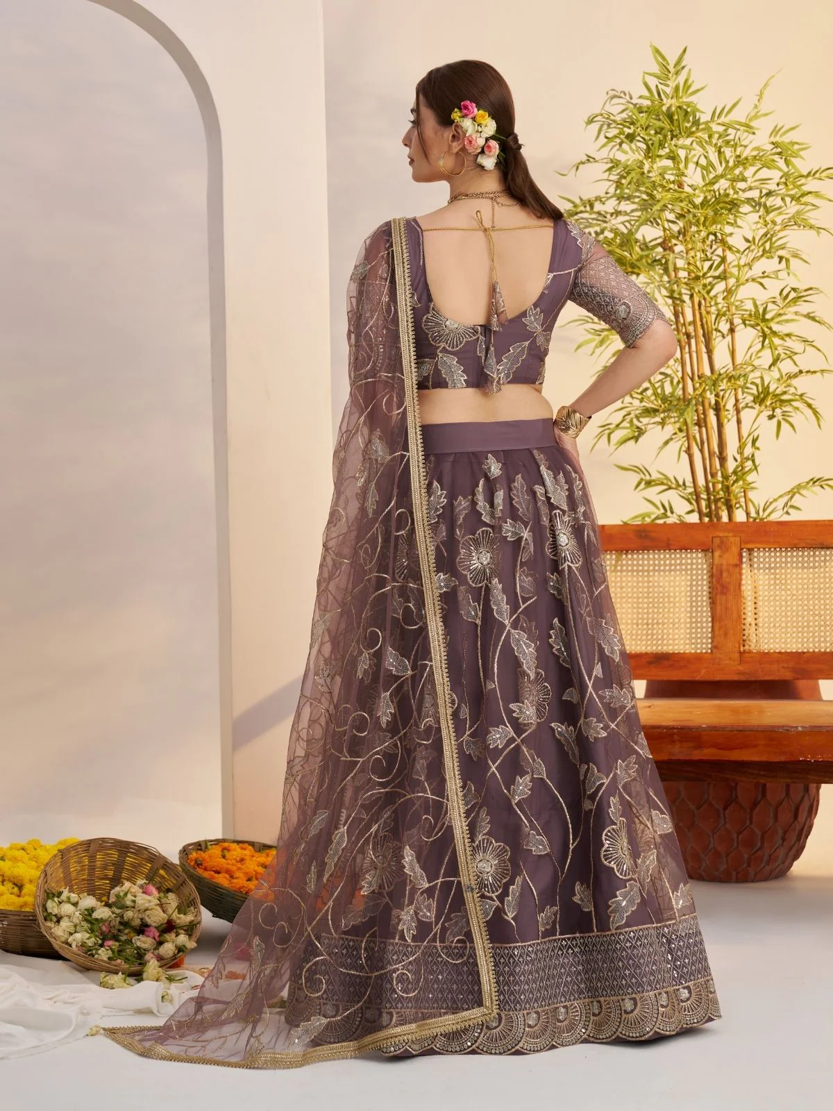 Odette Deep Mauve Net Embroidered Semi Stitched Lehenga For Women - Image 3