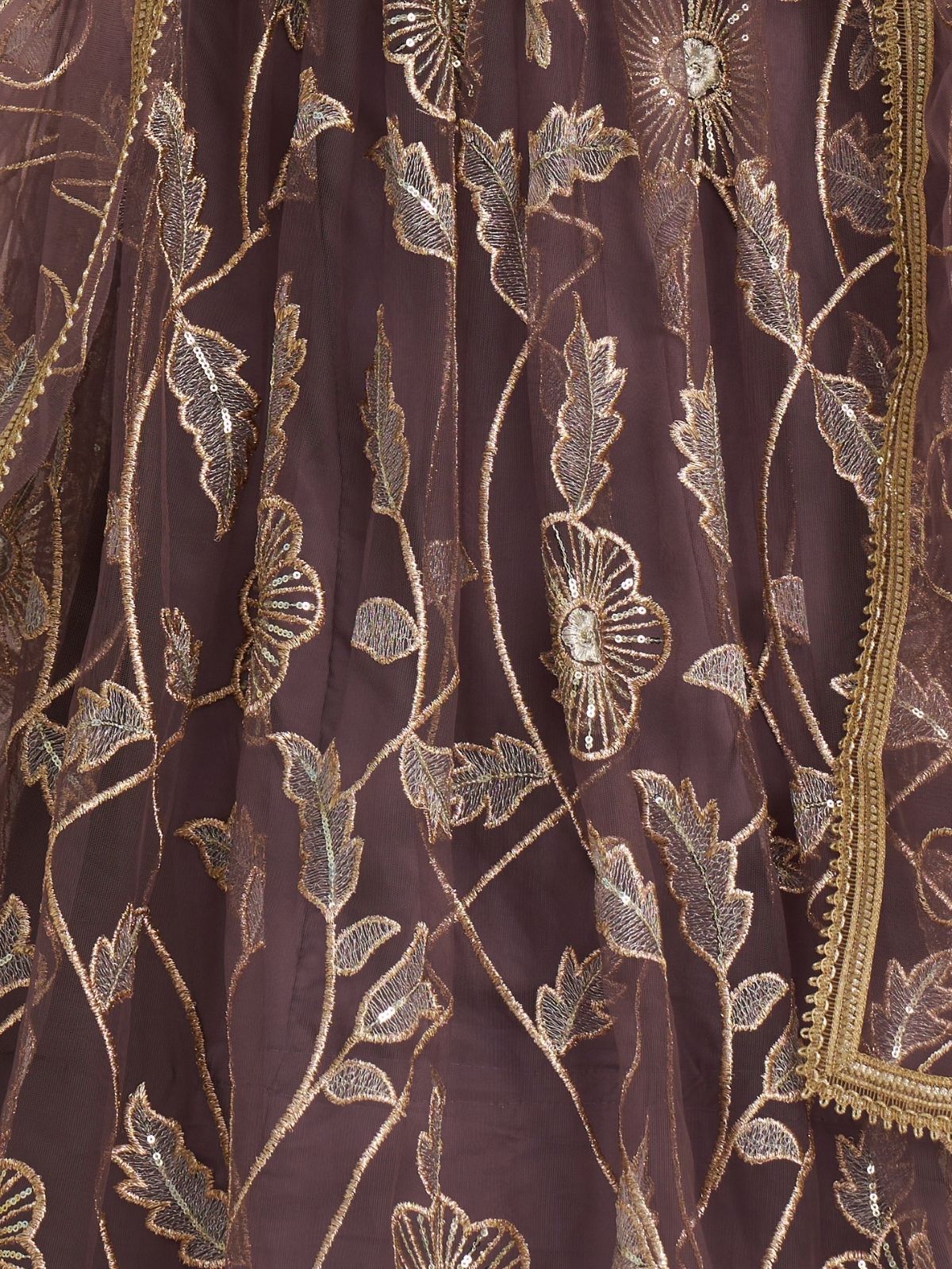 Odette Deep Mauve Net Embroidered Semi Stitched Lehenga For Women - Image 5