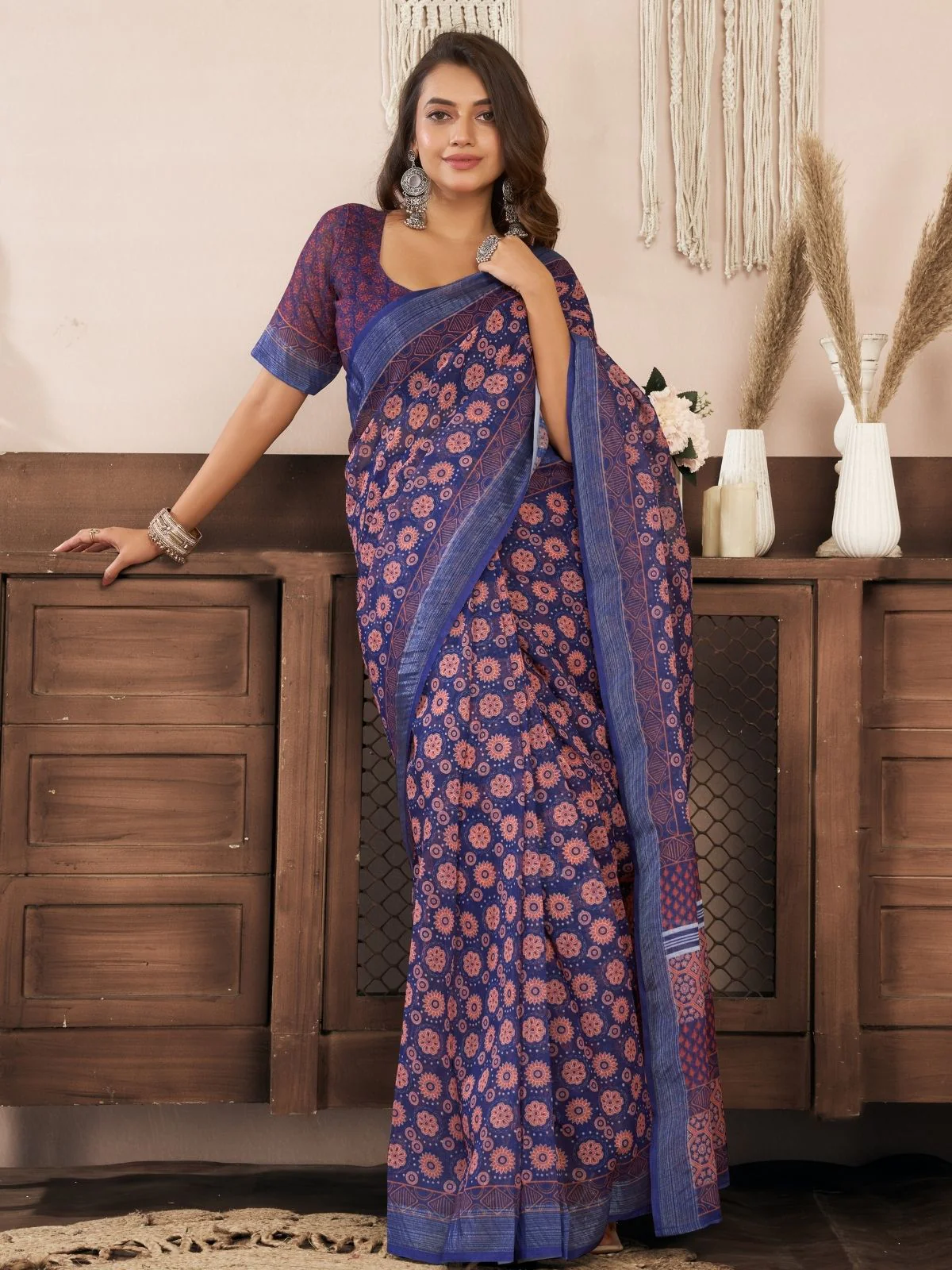 Odette Deep Purple Cotton Linen Zari Work Saree For Women - Image 3