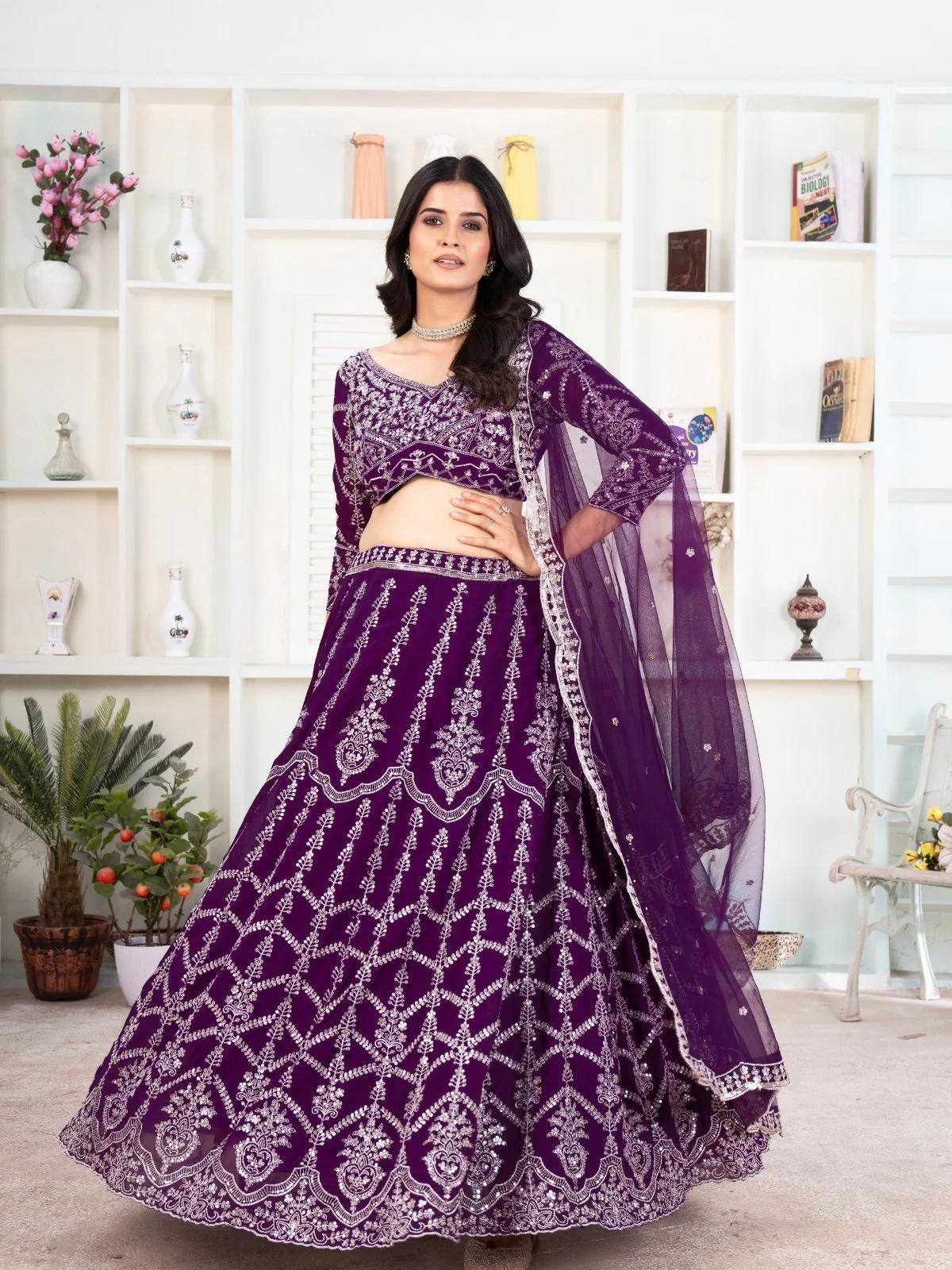 Odette Deep Purple Georgette Embellished Semi Stitched Lehenga For Women - Image 2