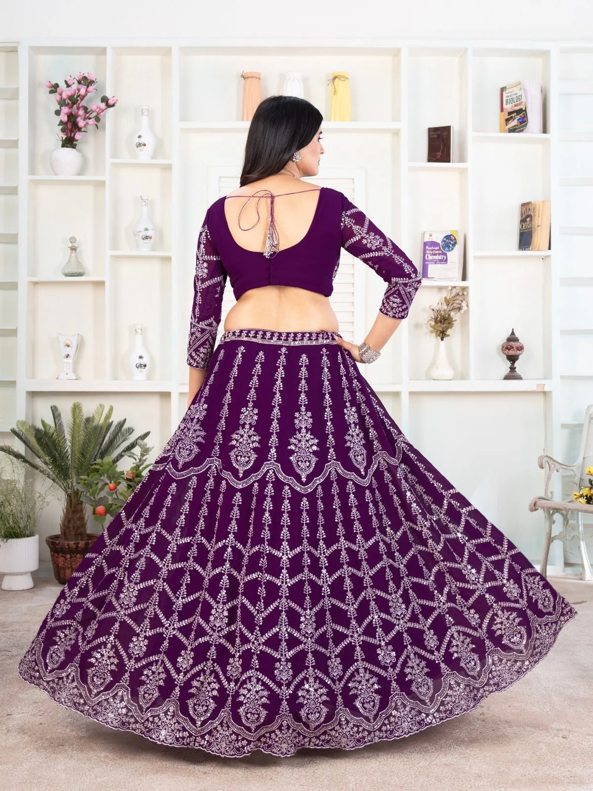 Odette Deep Purple Georgette Embellished Semi Stitched Lehenga For Women - Image 3